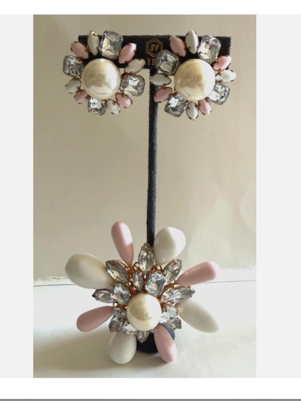 Vtg Scaasi Pearl, Rhinestone & Pink & White Milk Glass Starburst Brooch+Earrings